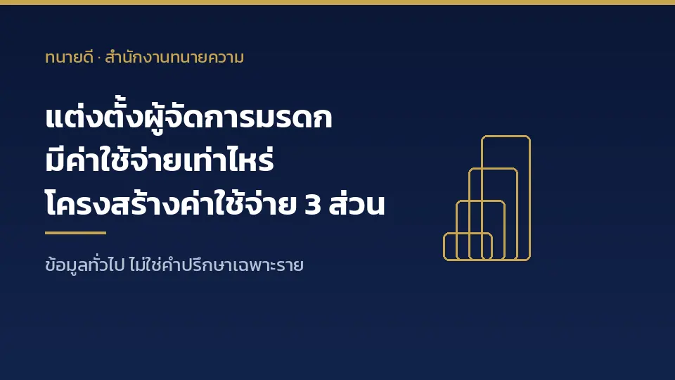 แต่งตั้งผู้จัดการมรดก มีค่าใช้จ่ายเท่าไหร่ โครงสร้างค่าใช้จ่าย 3 ส่วน ค่าขึ้นศาล ค่าใช้จ่ายชั้นศาล ค่าทนาย